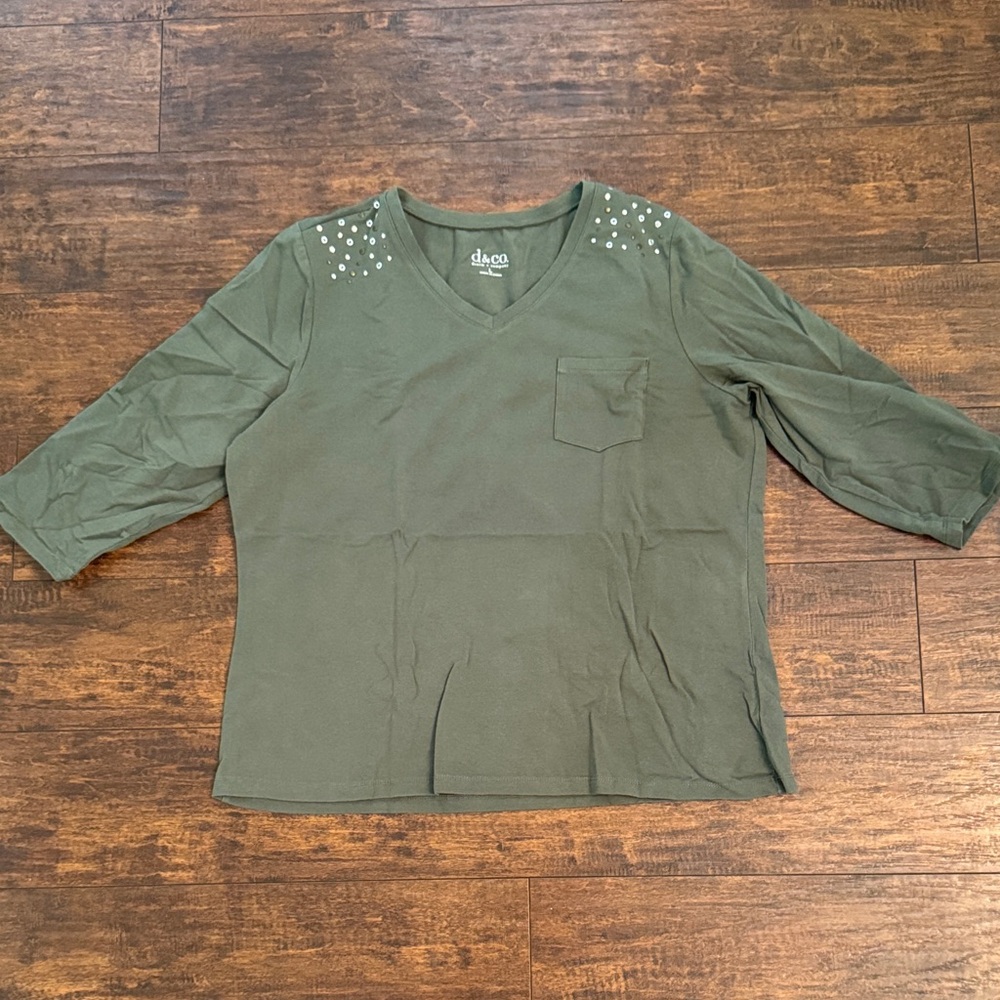 Women's Olive Green V-Neck Long Sleeve Top with Shoulder Studs